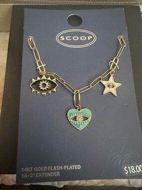 Scoop 14KT Gold Flash-Plated Charm Necklace with Turquoise Heart & Eye Charms